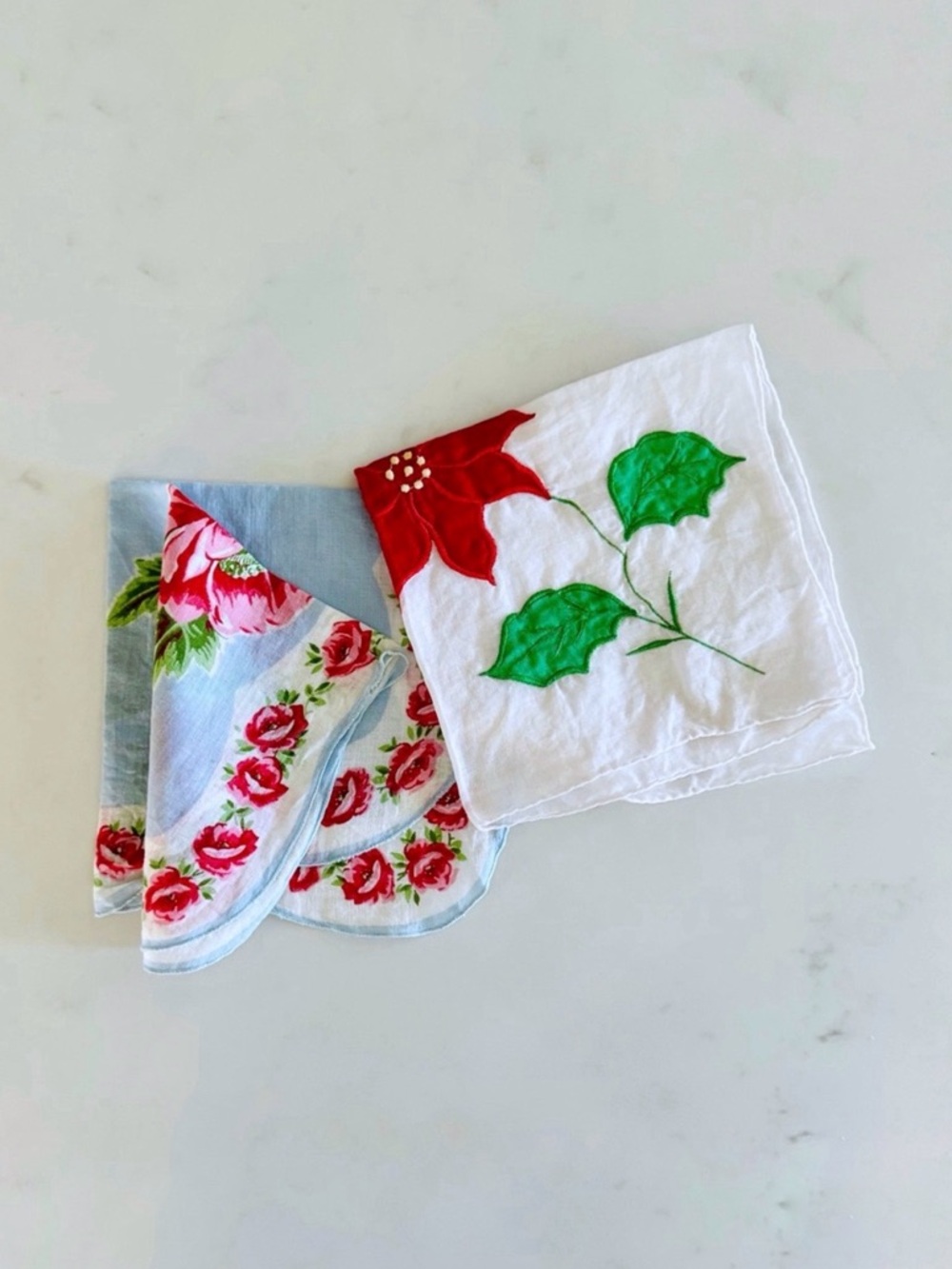 BUNDLE (2) Vintage Christmas Red Poinsettia & Rose Floral Cotton Handkerchiefs